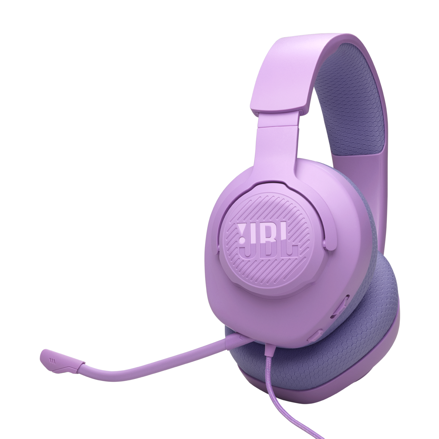 Roze JBL gaming headset met een microfoon, tegen een zwarte achtergrond.