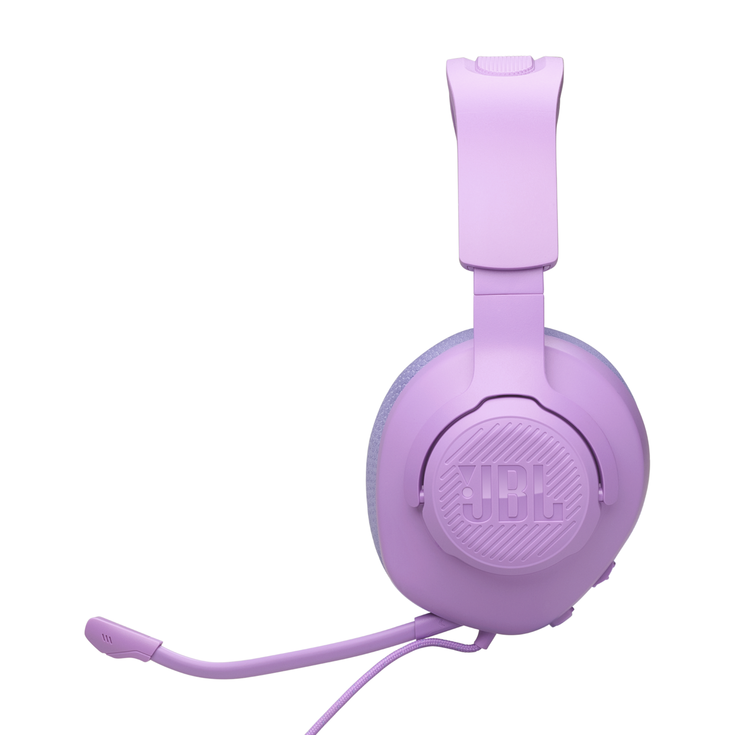 Roze JBL-koptelefoon met microfoon. De koptelefoon staat op een zwarte achtergrond.
