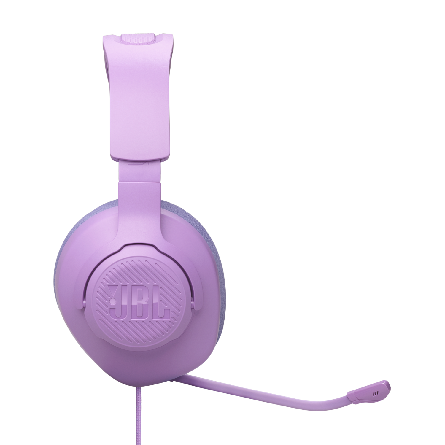 Paarse JBL-koptelefoon met microfoon. De koptelefoon staat op een zwarte achtergrond.