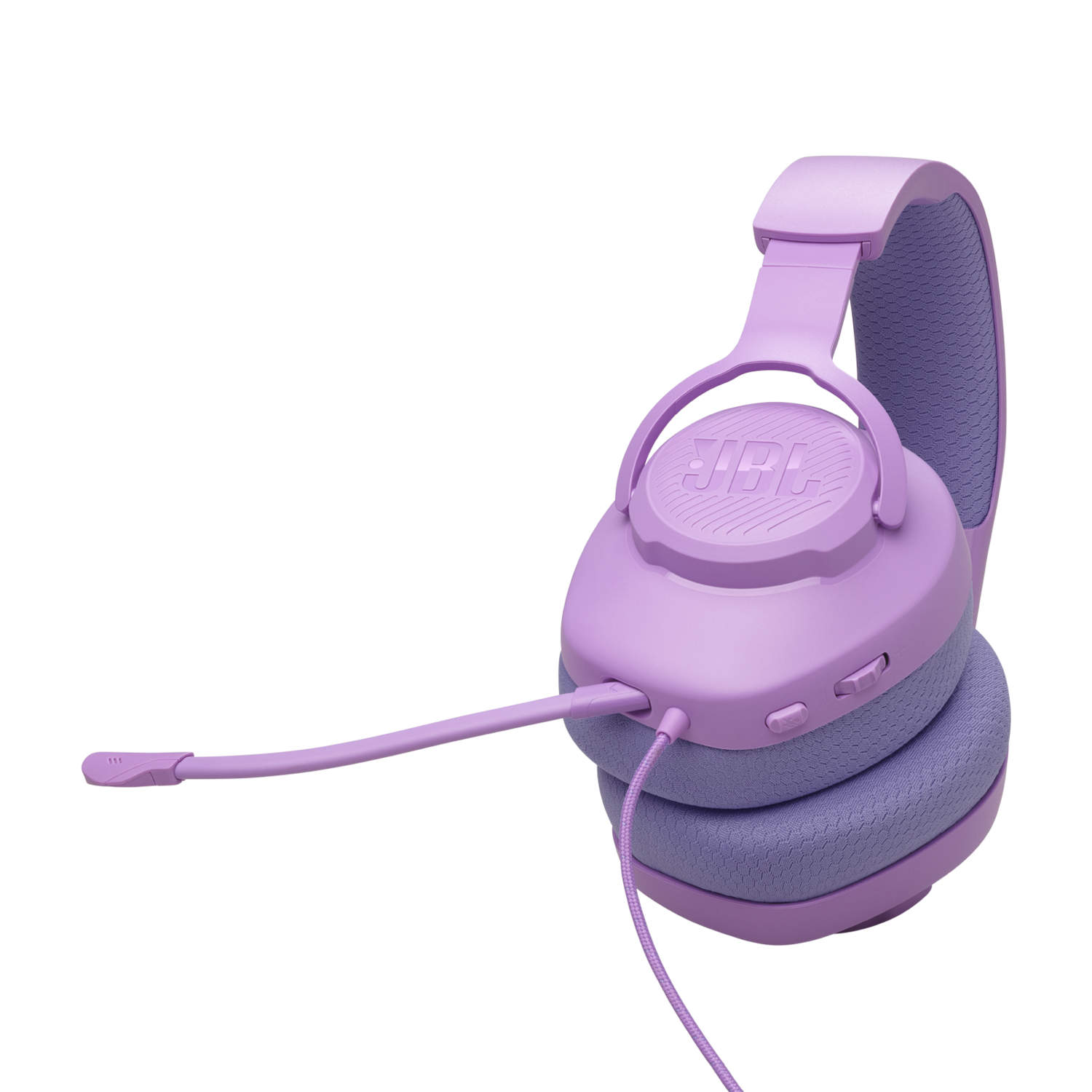 Een paar lavendelkleurige JBL-hoofdtelefoons met een microfoon eraan. De hoofdtelefoons staan op een zwarte achtergrond.