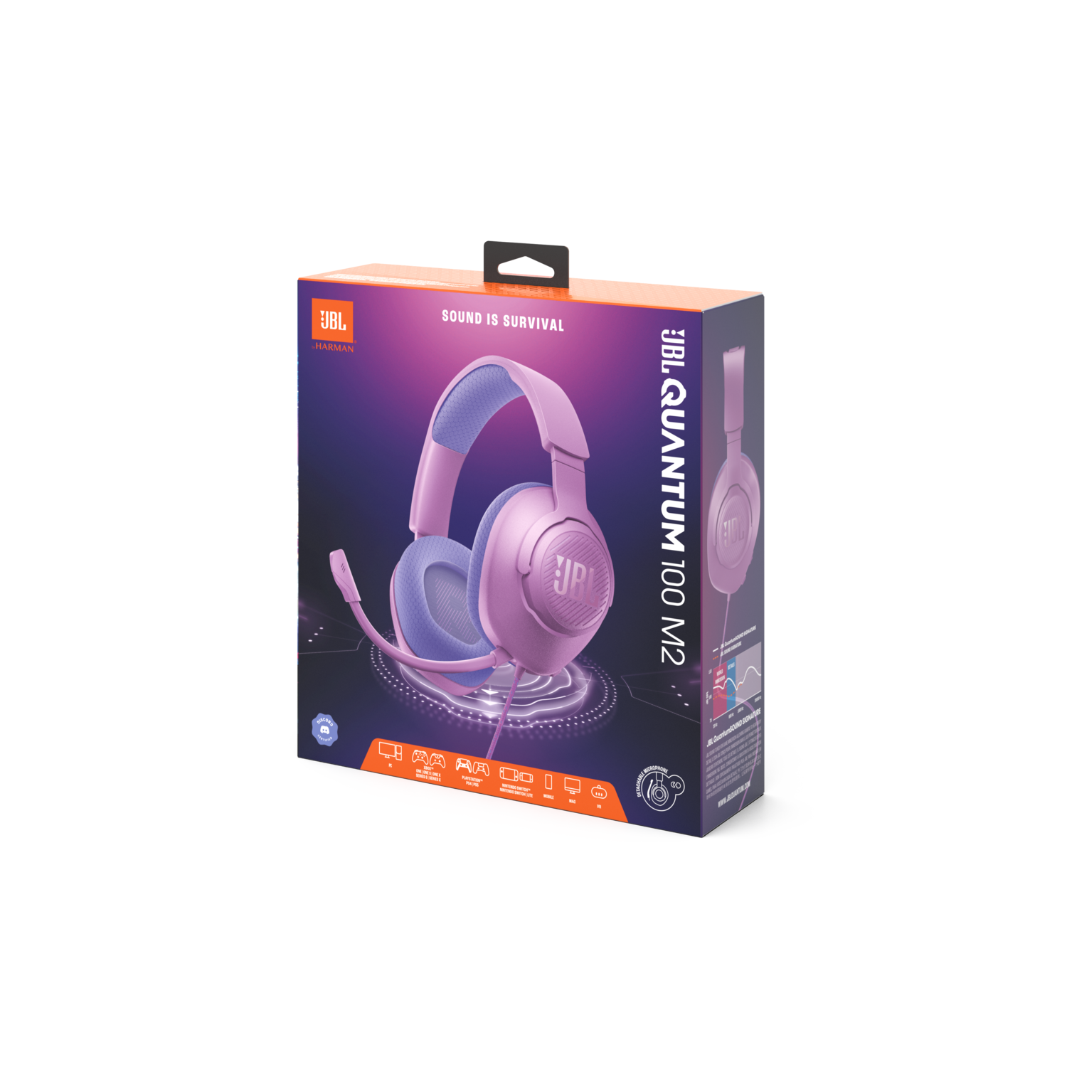 JBL Quantum 100 M2-hoofdtelefoon in doos. Paars en roze ontwerp, schuine weergave, zwarte achtergrond.
