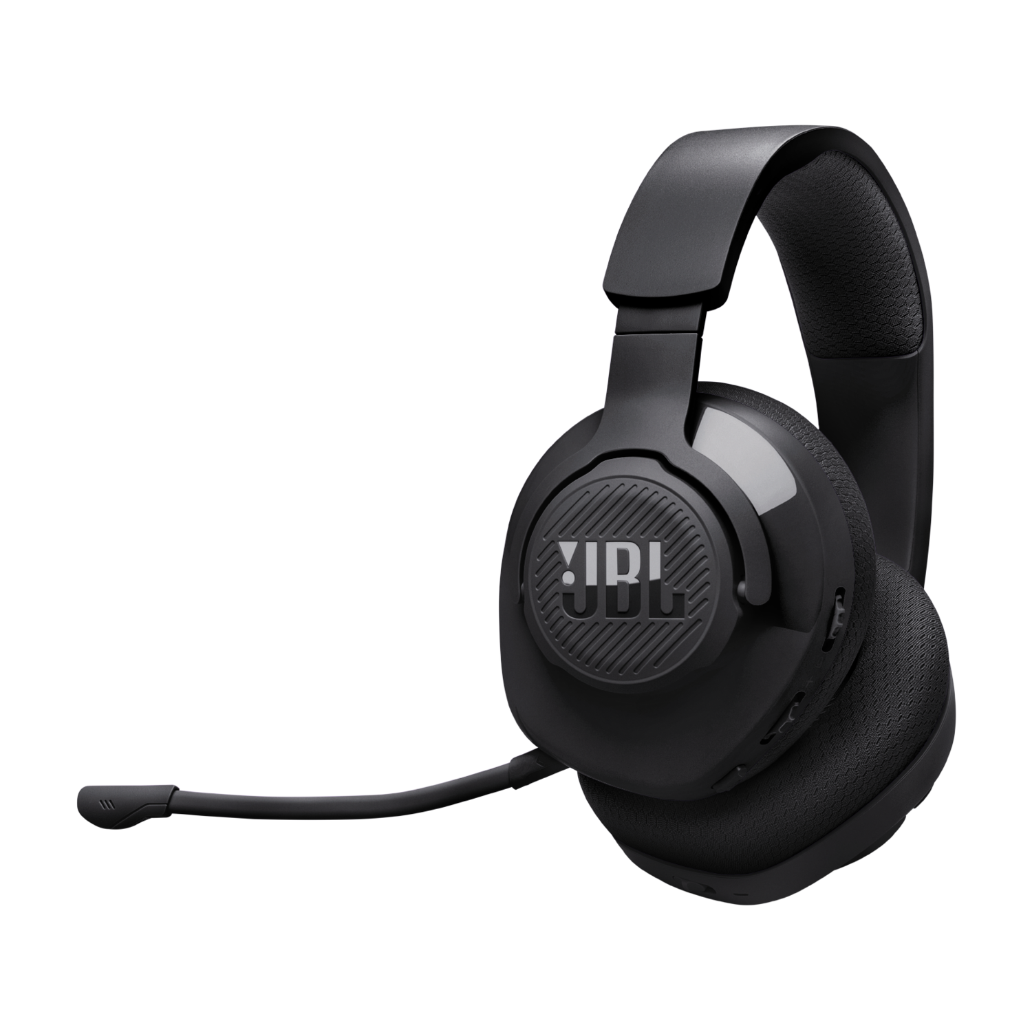 Een zwarte JBL-koptelefoon met een microfoon en een zwarte achtergrond.