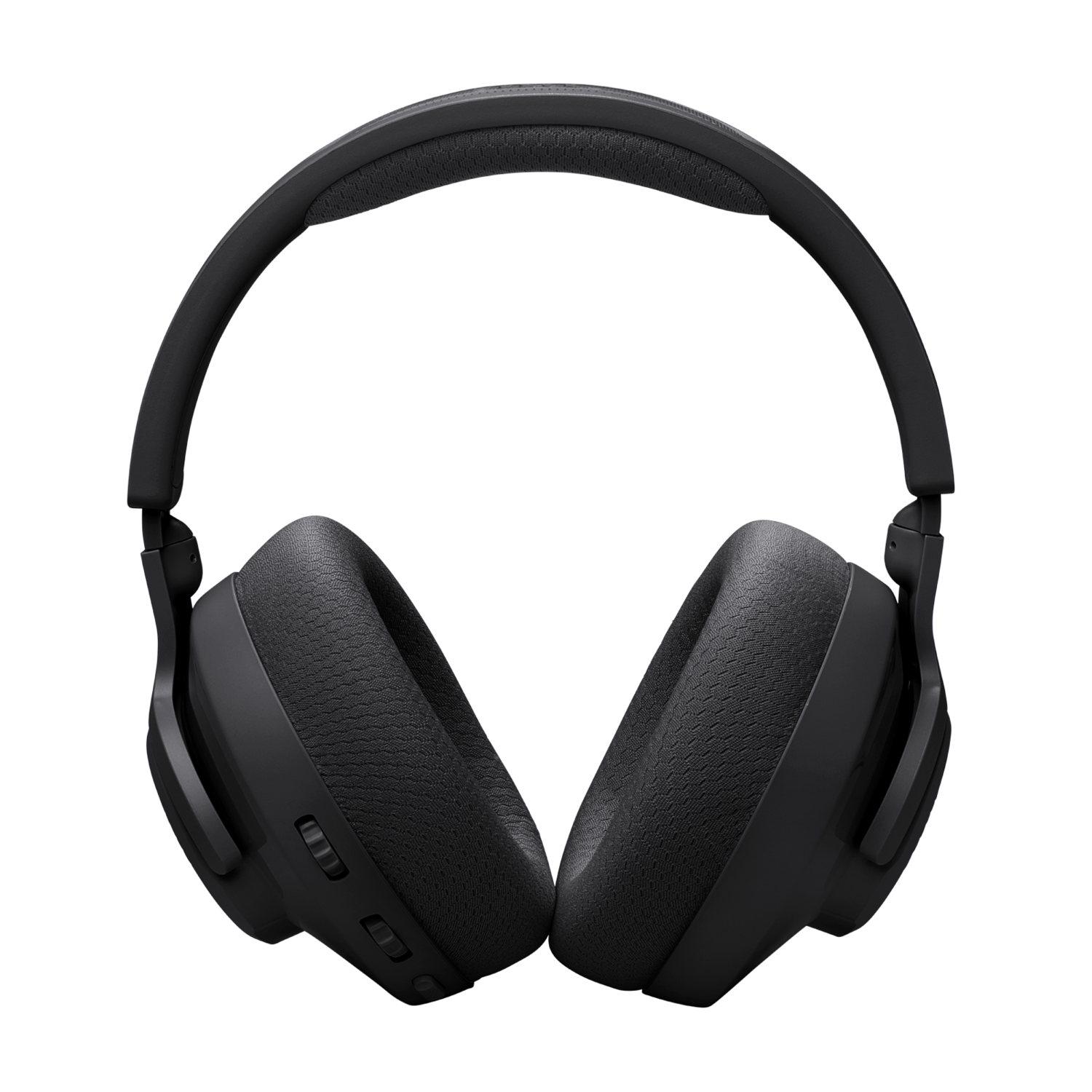 Zwarte over-ear hoofdtelefoon met zichtbare oorschelpen en hoofdband, tegen zwarte achtergrond.