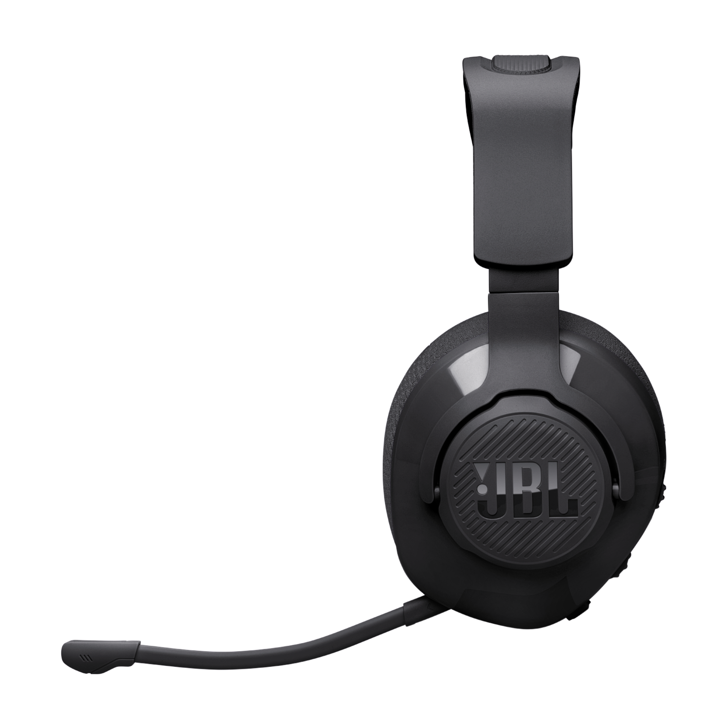 Zwarte JBL gaming headset met microfoon, tegen een zwarte achtergrond.