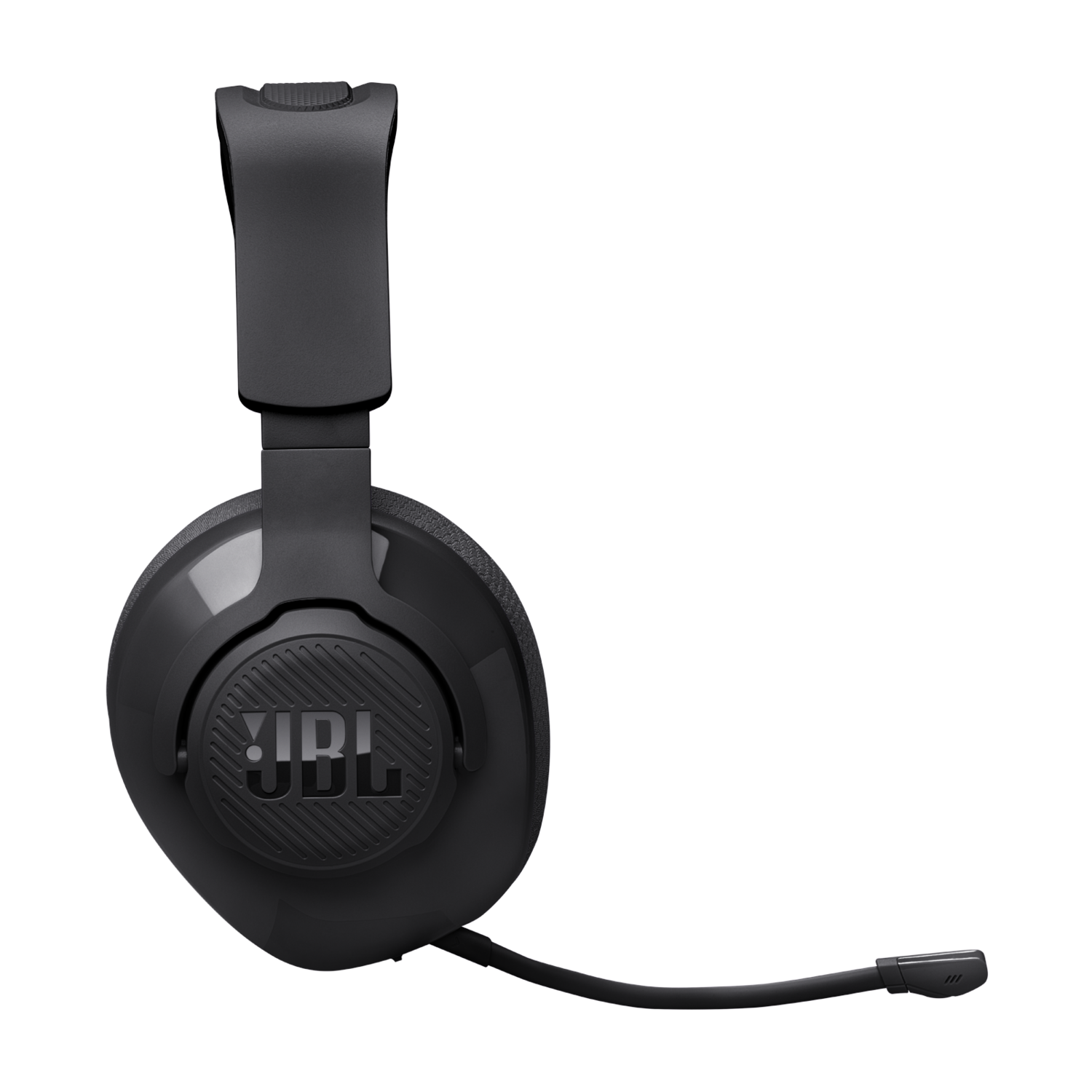 Zwarte JBL-headset met een microfoon. De achtergrond is zwart.