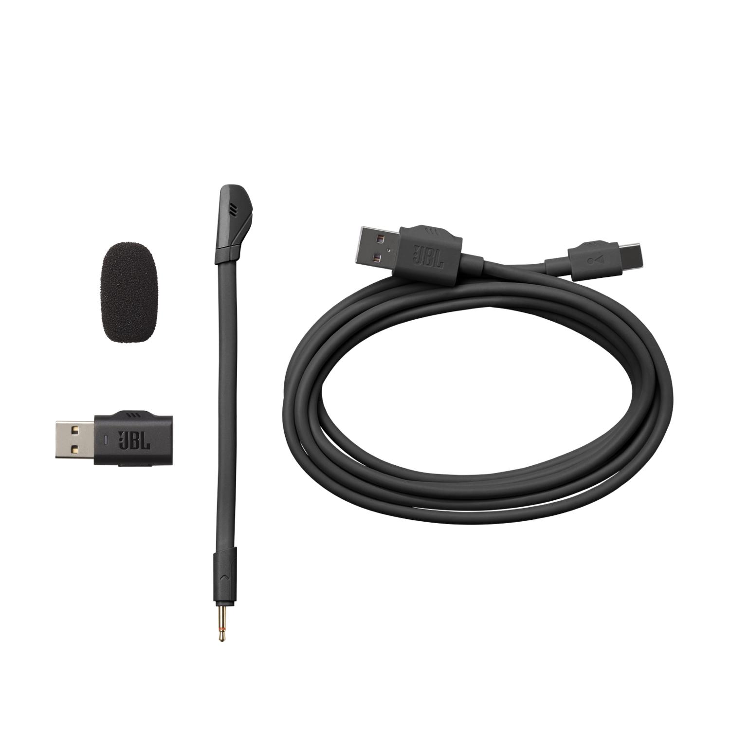 Zwarte JBL USB-microfoonset: microfoon, windscherm, microfoonarm, USB-adapter en een kabel.