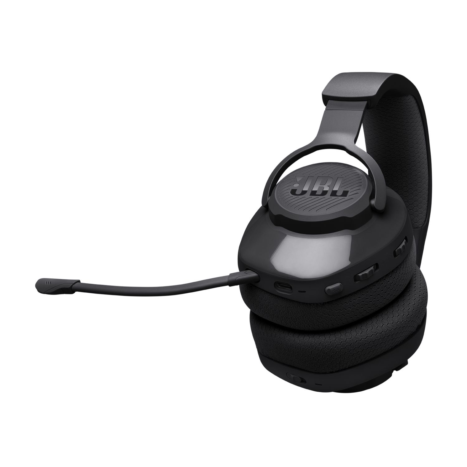 Zwarte JBL-koptelefoon met een microfoon. De koptelefoon staat op een zwarte achtergrond.