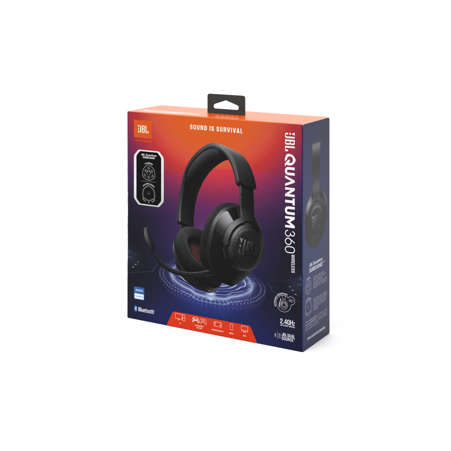 Een JBL Quantum 360 Wireless gaming headset in een doos, met de headset en de details van de doos.