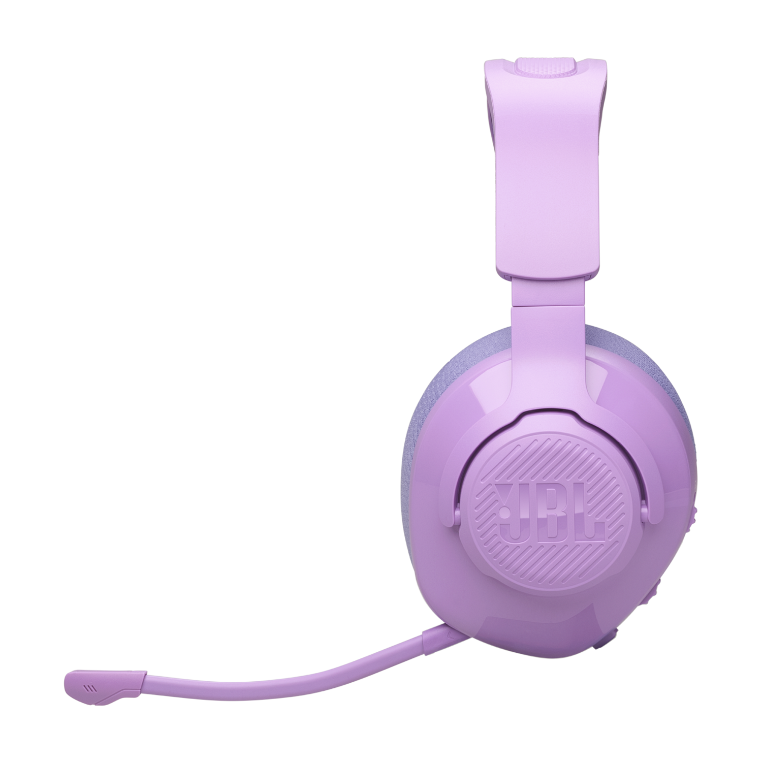 Paarse JBL koptelefoon met een microfoon. De oorschelpen zijn paars met blauwe accenten. De kabel is bevestigd.