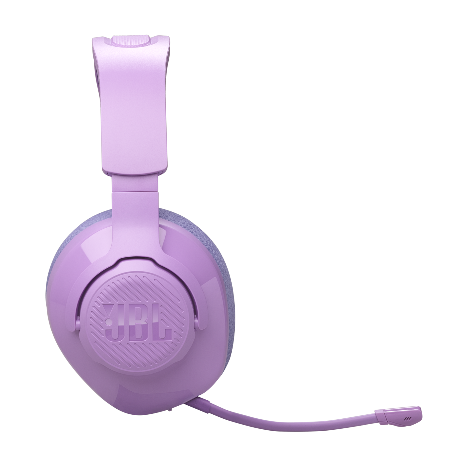 Een lichtpaarse headset met een microfoon die zich uitstrekt vanaf de linkerkant, tegen een zwarte achtergrond.