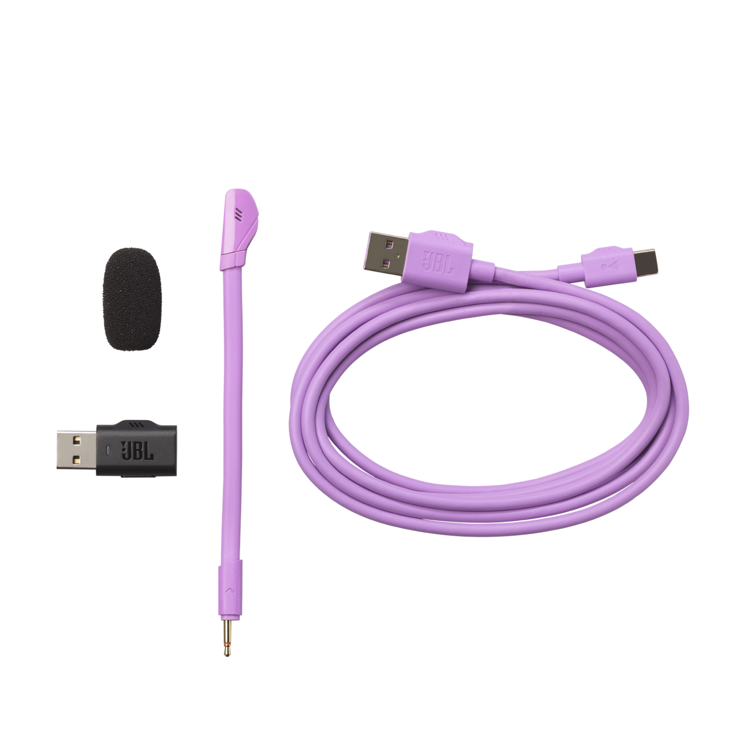 JBL gaming headset accessoires: microfoon, USB adapter en een paarse USB kabel.