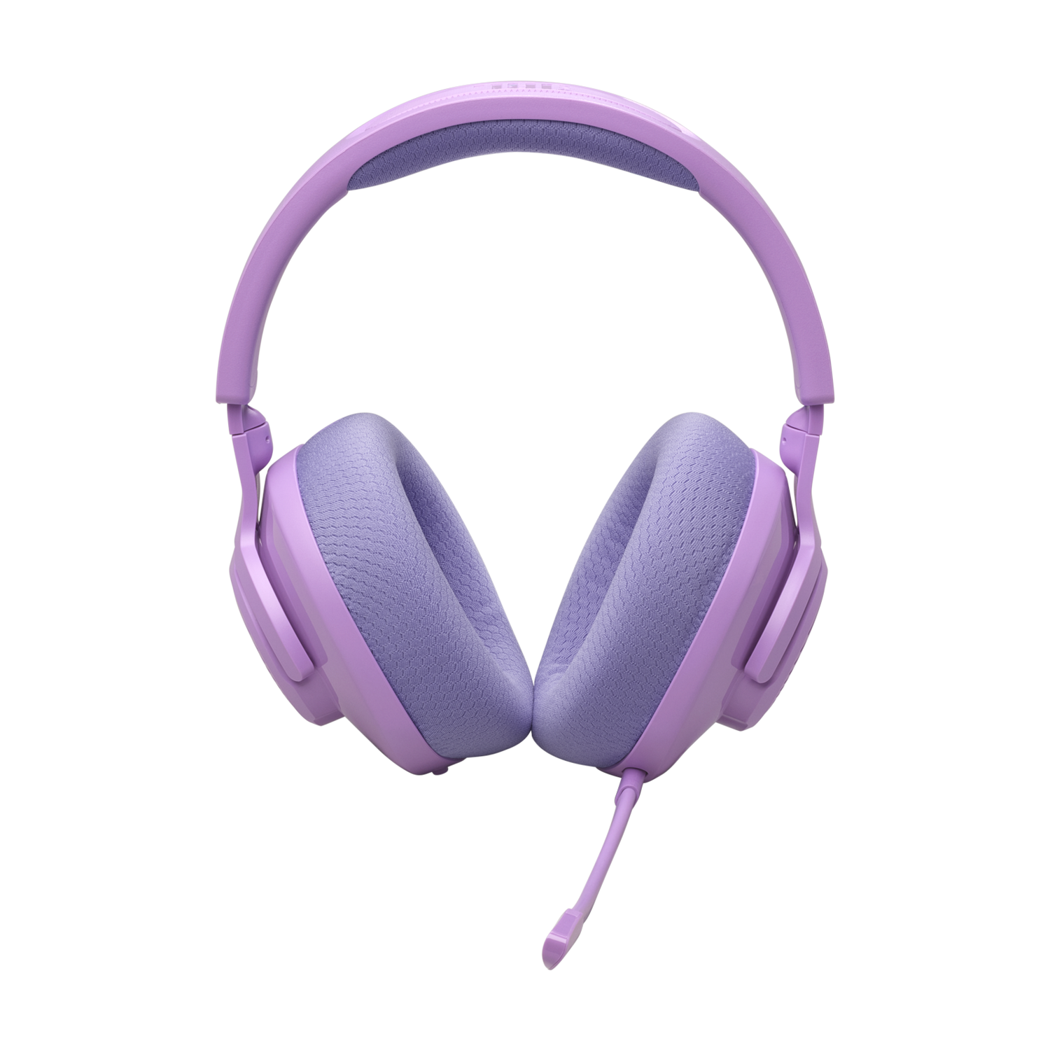 Paarse koptelefoon met een microfoon. De koptelefoon is over-ear model.