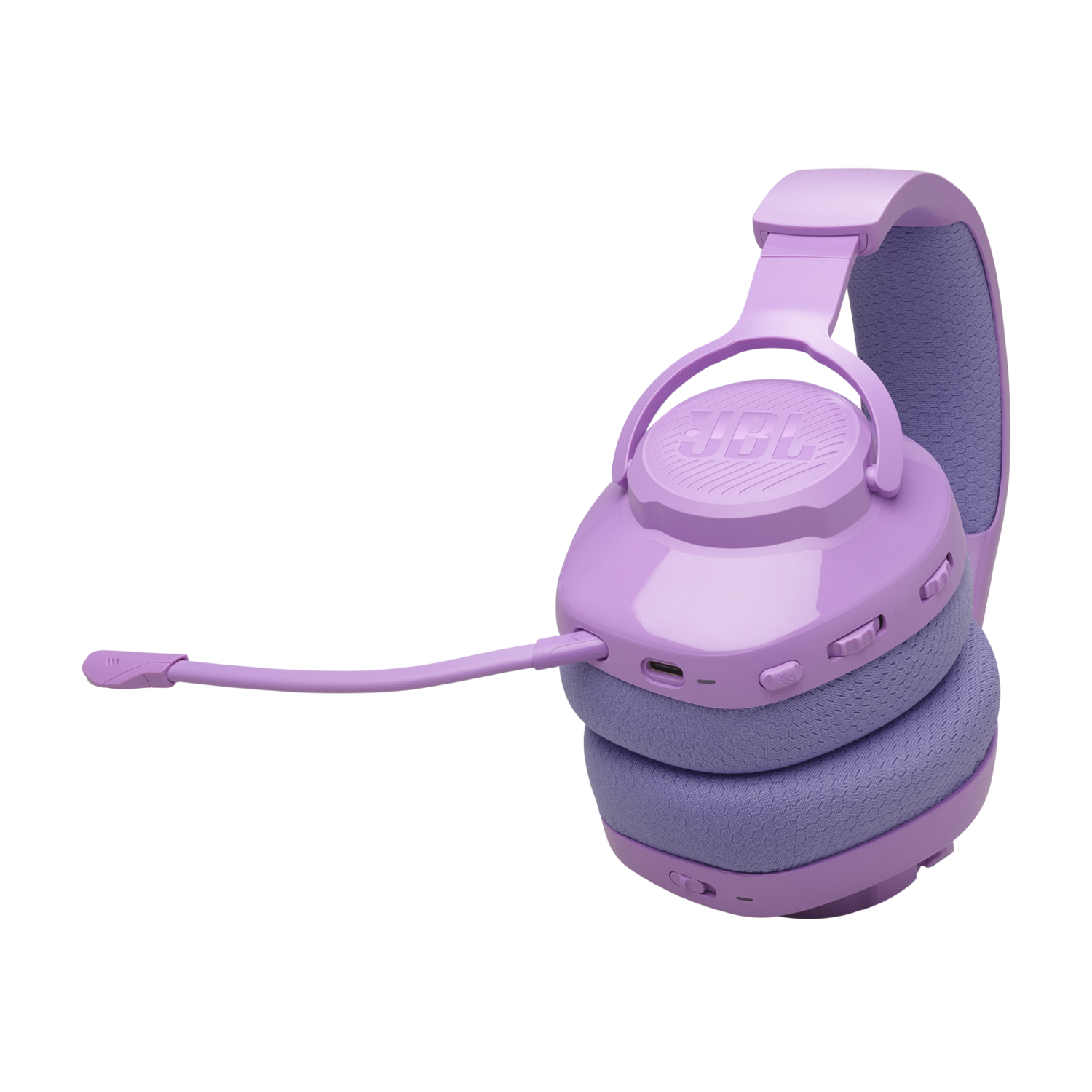 Paarse JBL-koptelefoon met een microfoon, op een zwarte achtergrond.