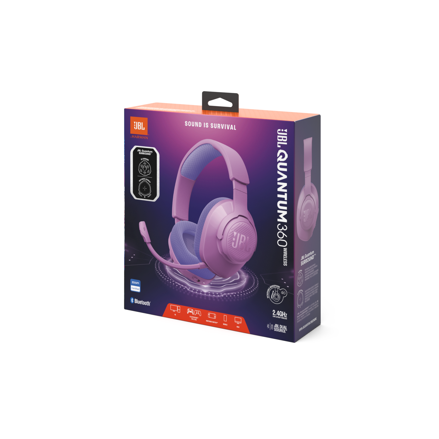 Koptelefoon doos. De koptelefoon is roze en paars, met een microfoon, met branding en tekst.