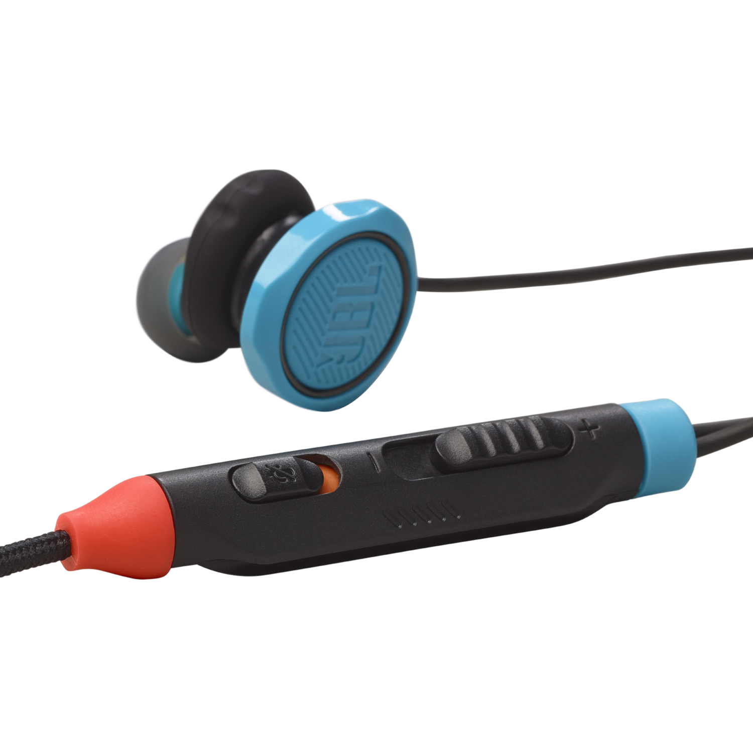 Blauwe en zwarte JBL oortelefoons met een bedieningsmodule met knoppen en een rood-zwarte draad.
