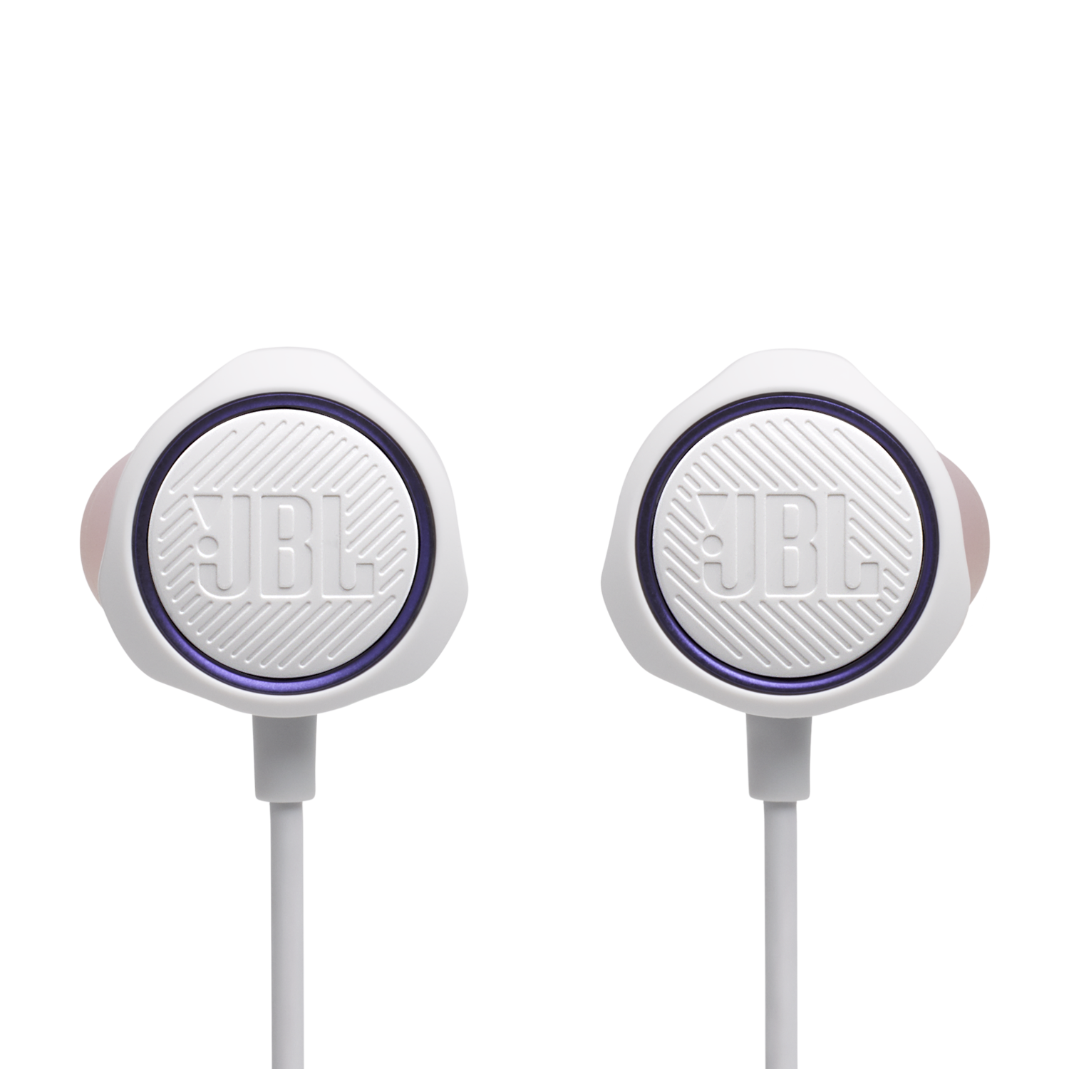 Twee witte en paarse JBL-oortelefoons. Ze hebben ronde oordopjes en grijze snoeren.
