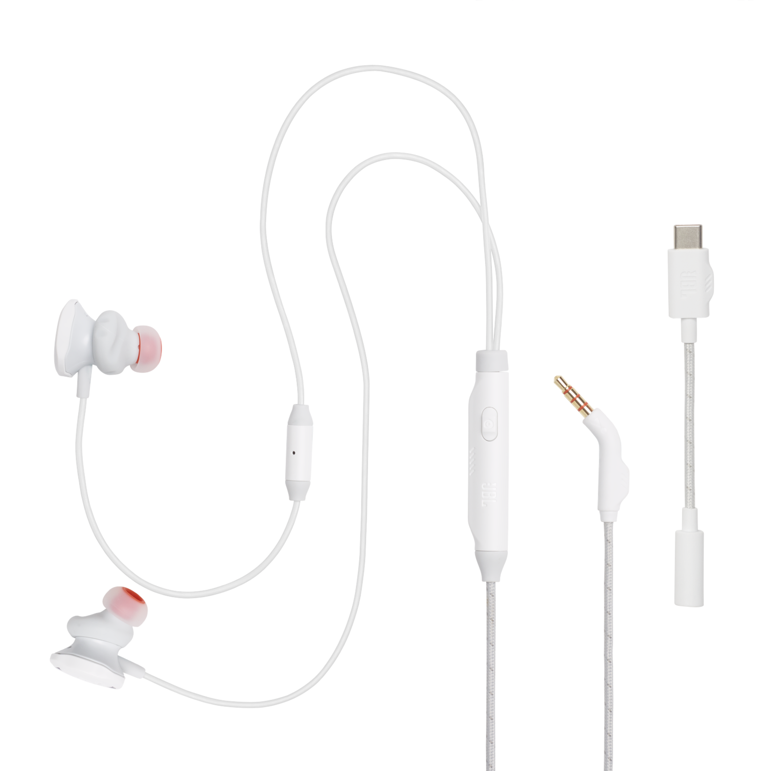 Witte oordopjes met rode uiteinden en een witte kabel met een besturingsmodule en diverse connectoren.