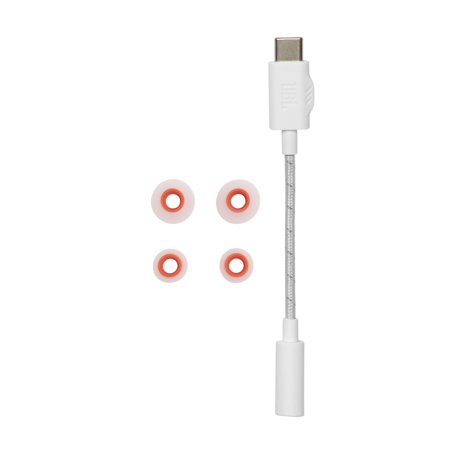 Witte audioadapter met een USB-C-connector, oortelefoons en extra oordopjes op een zwarte achtergrond.