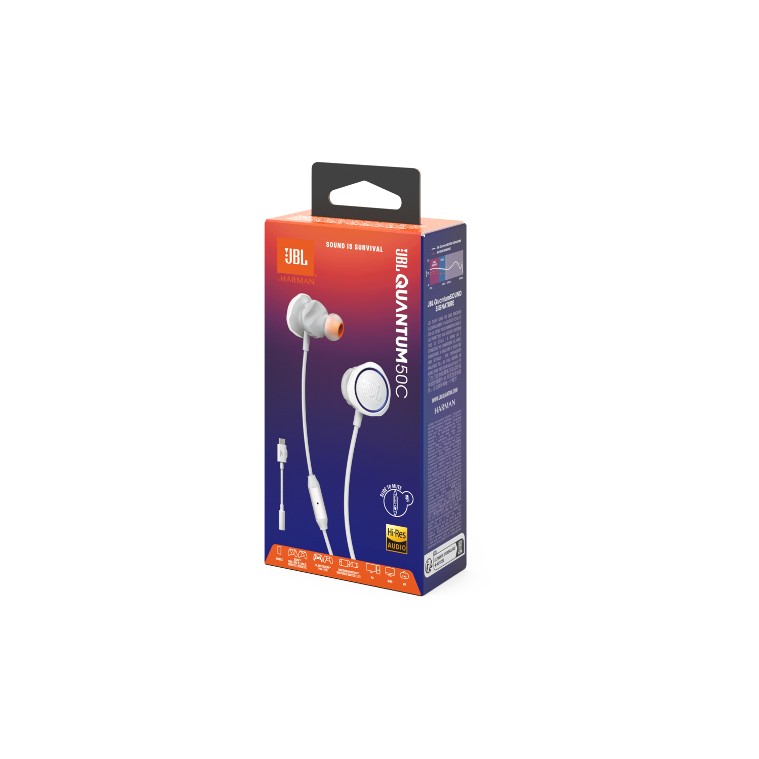 JBL Quantum 50C koptelefoon in een doos. De doos is oranje en wit, met koptelefoon zichtbaar.