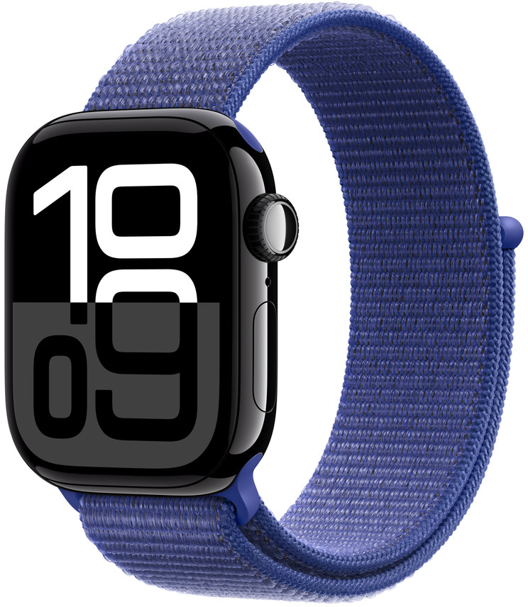 Schwarze Apple Watch mit blauem Armband, die '10:09' anzeigt.