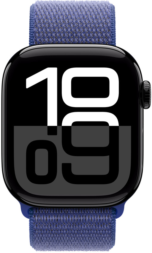 Schwarze Apple Watch mit blauem Armband, zeigt die Uhrzeit 10:09 an.