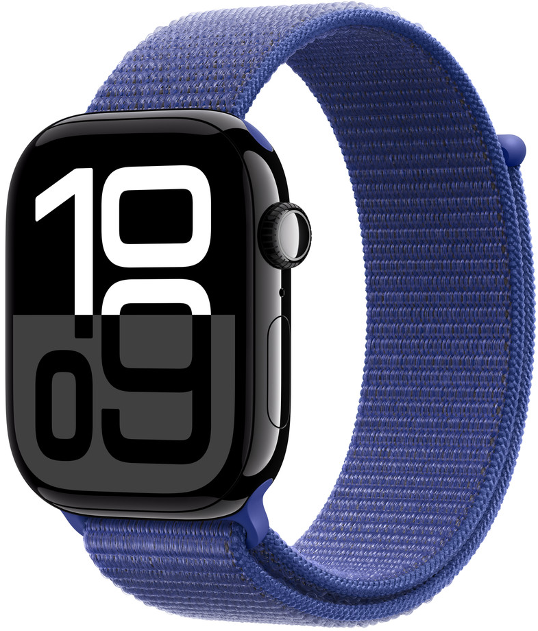Schwarze Apple Watch mit blauem Stoffarmband. Das Zifferblatt zeigt die Zeit 10:09.