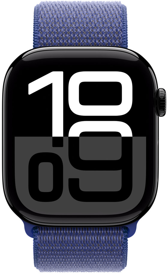Apple Watch Series mit schwarzem Bildschirm, der die Uhrzeit 10:09 anzeigt, mit blauem Sport Loop Band.