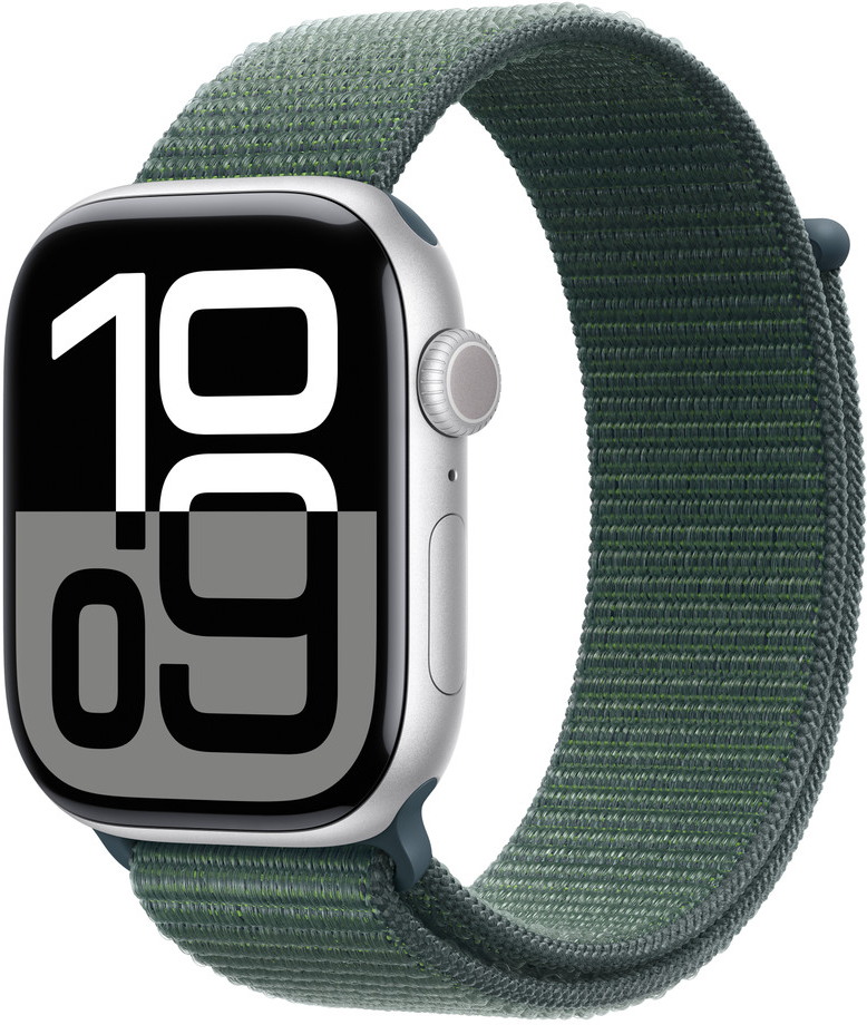 Apple Watch argentée avec bracelet vert affichant '10:09'.