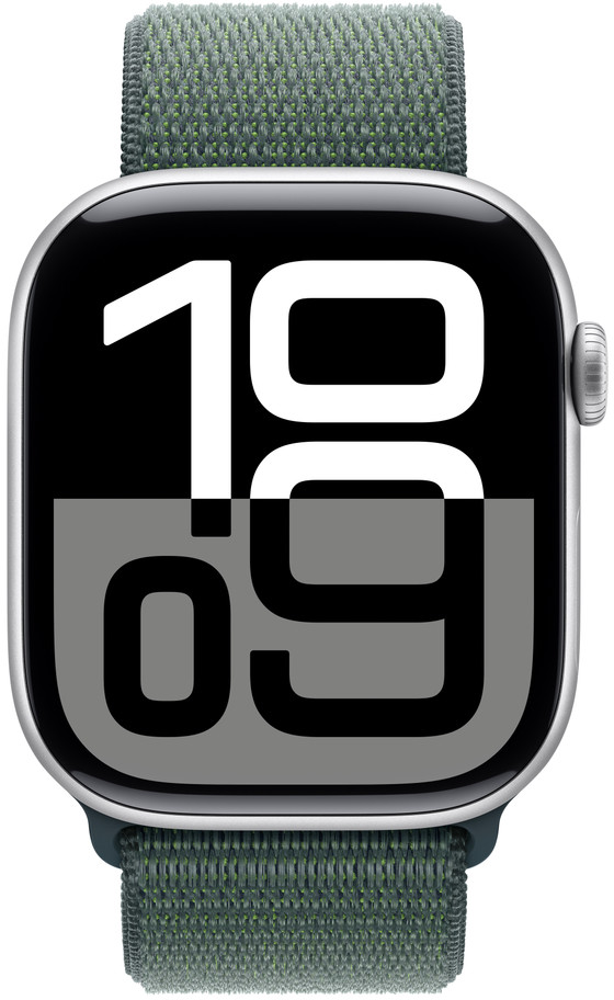 Apple Watch avec bracelet vert affichant l'heure 10:09. L'écran est une affichage divisé noir et blanc.