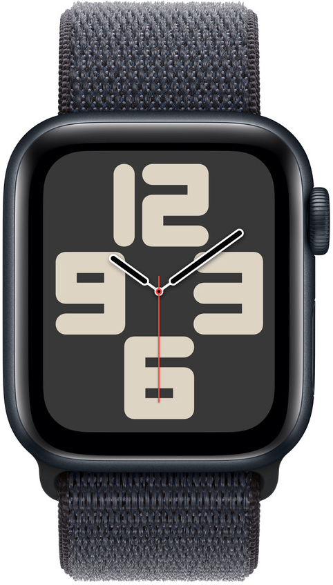 Nahaufnahme einer schwarzen Apple Watch. Das Zifferblatt zeigt große weiße Zahlen und schwarze Zeiger auf grauem Hintergrund.