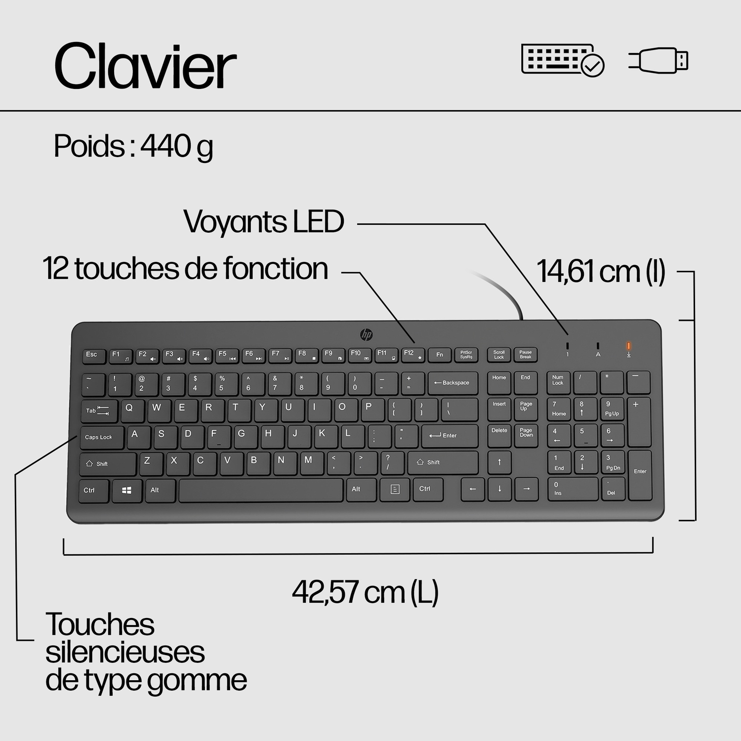 Un clavier noir avec des lettres et symboles blancs, une flèche et un petit rectangle.