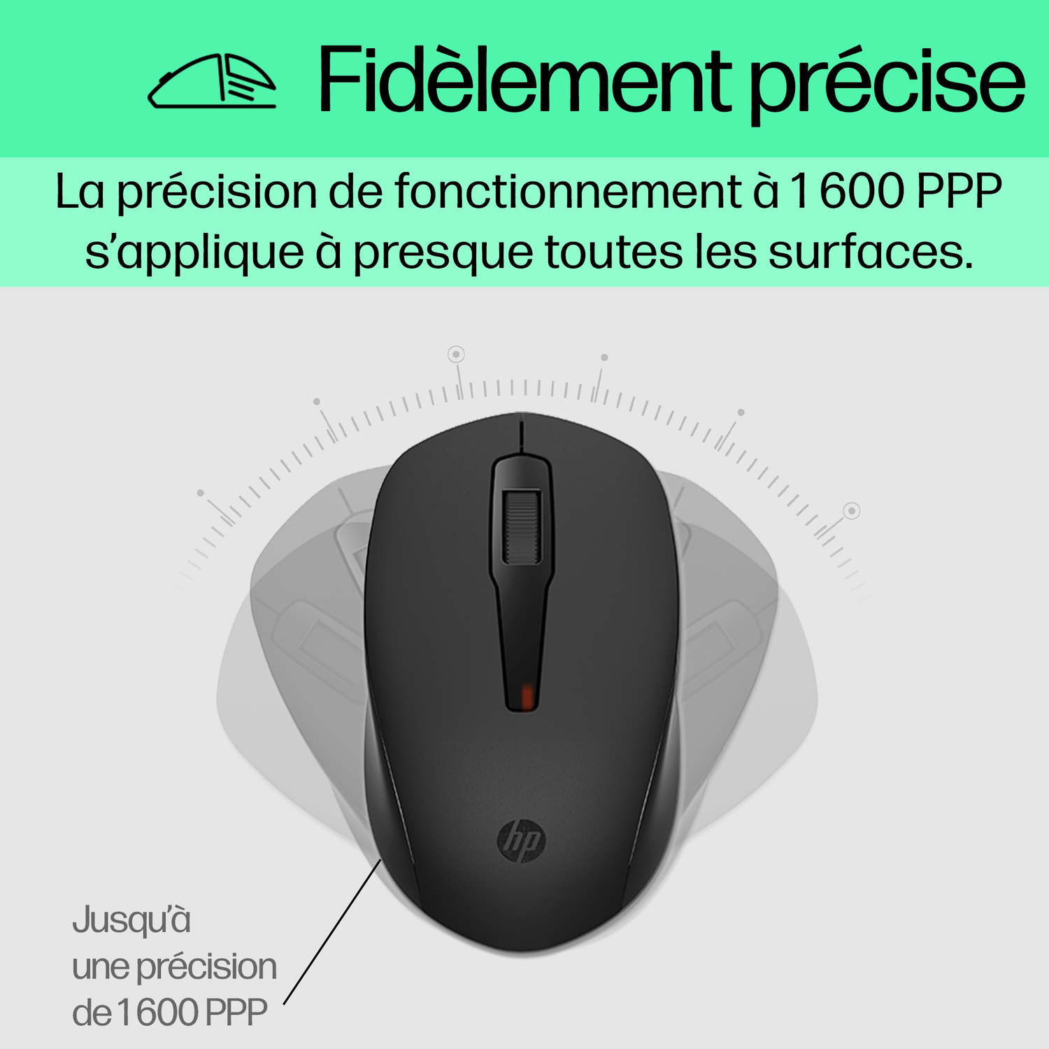Vue de dessus d'une souris noire avec texte en français sur la précision.