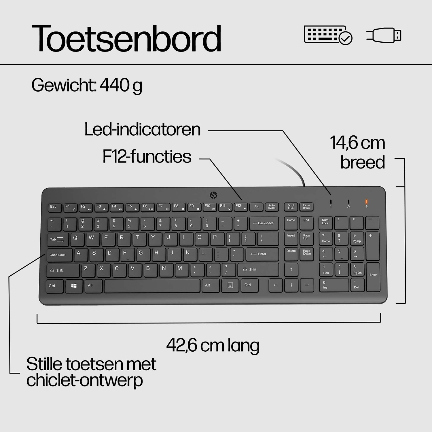 Een toetsenbord met witte toetsen, een zwart frame en een label met afmetingen en gewichtsinformatie.