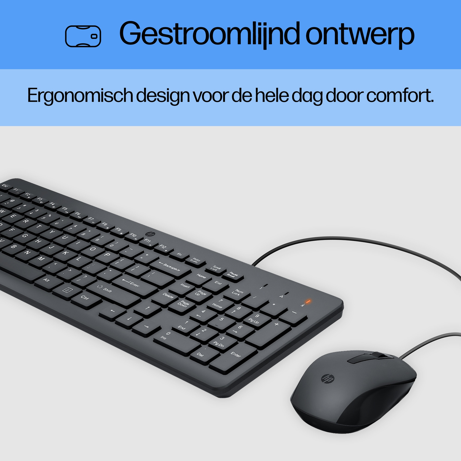 Zwarte toetsenbord- en muisset. Tekst: Gestroomlijnd ontwerp. Ergonomisch design voor comfort.