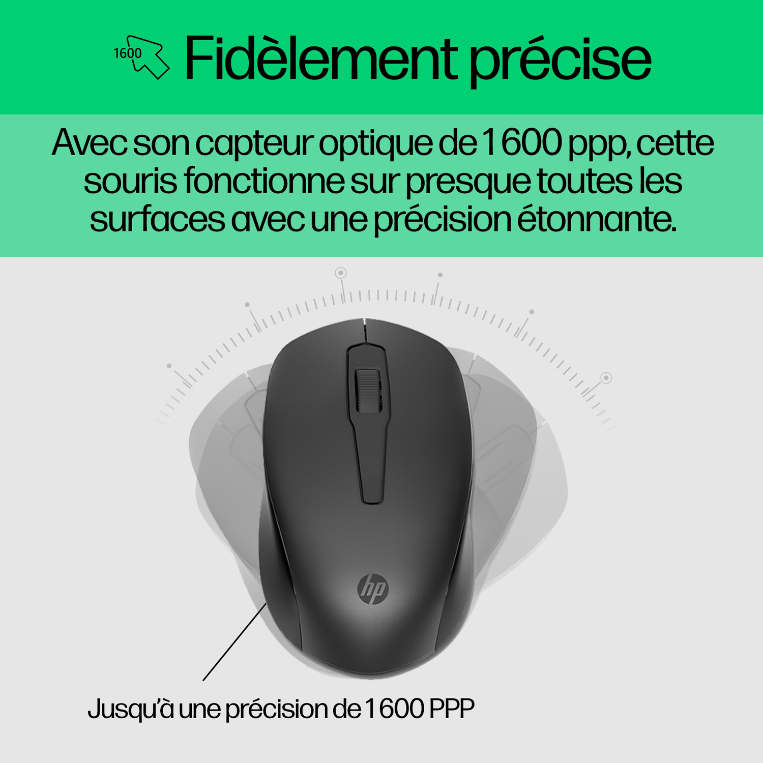 Souris d'ordinateur noire. Un texte sur la précision est affiché.