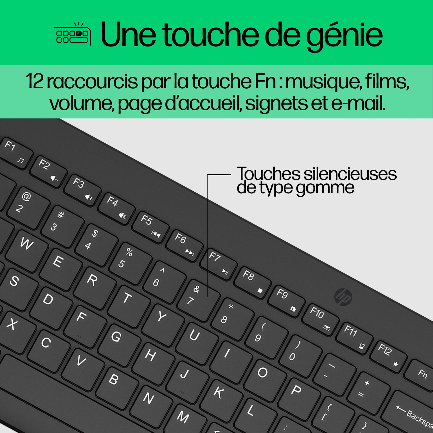 Gros plan sur un clavier noir avec des lettres et symboles blancs. Texte en français présent.