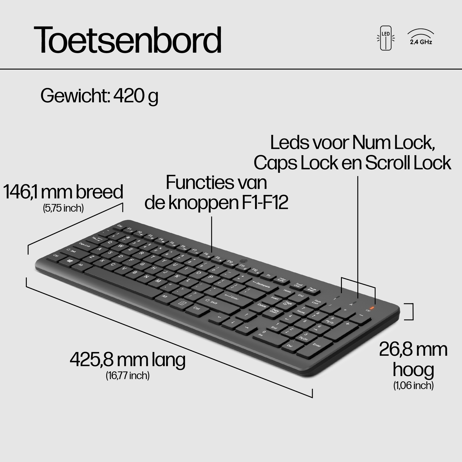 Zwart toetsenbord met afmetingen, op een witte achtergrond.
