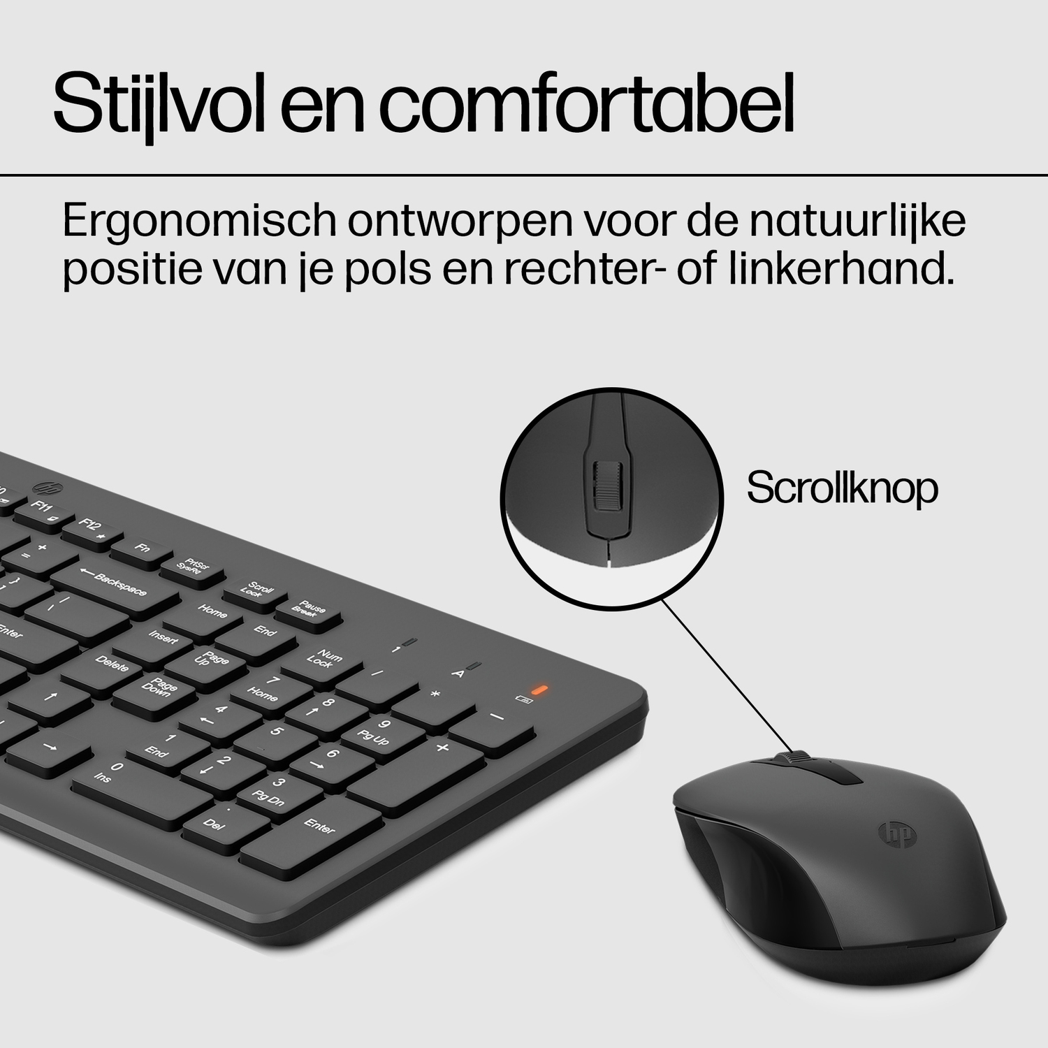 Zwart toetsenbord en muis op witte achtergrond. Muis heeft scrollwiel. Toetsenbord heeft toetsen.
