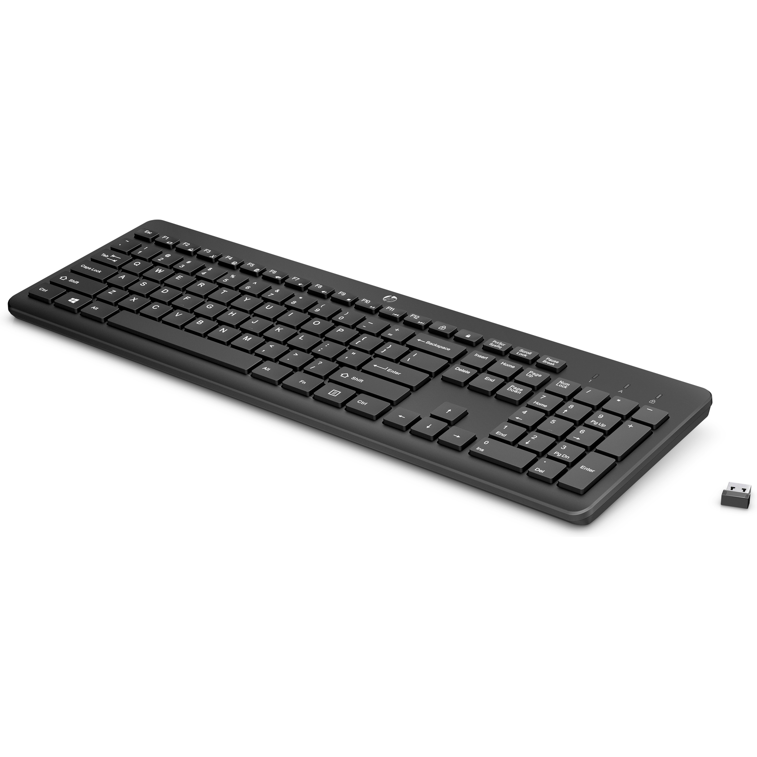 A black keyboard with white letters and a USB receiver.