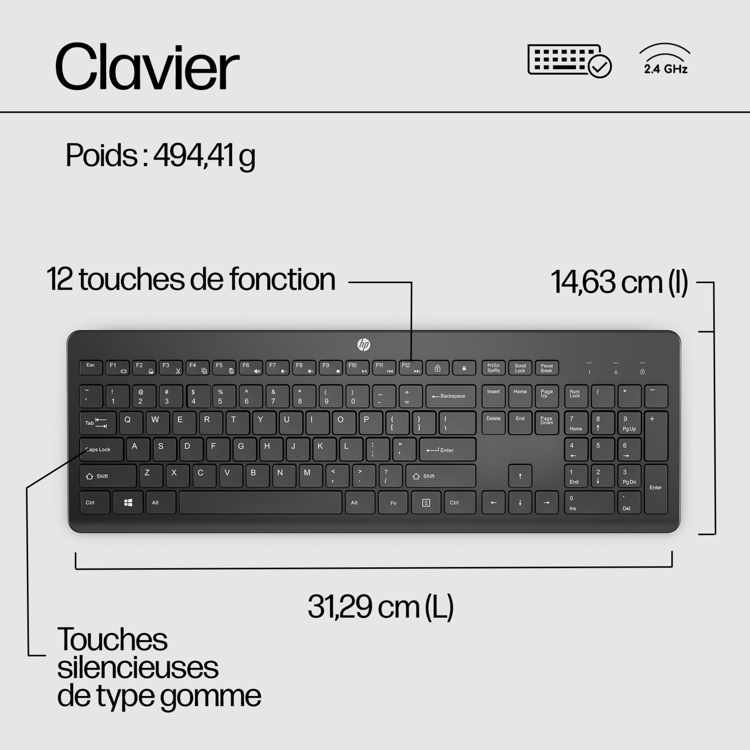 Un clavier noir avec des lettres et des chiffres blancs. Les dimensions sont affichées. Le texte "Clavier" est en haut.