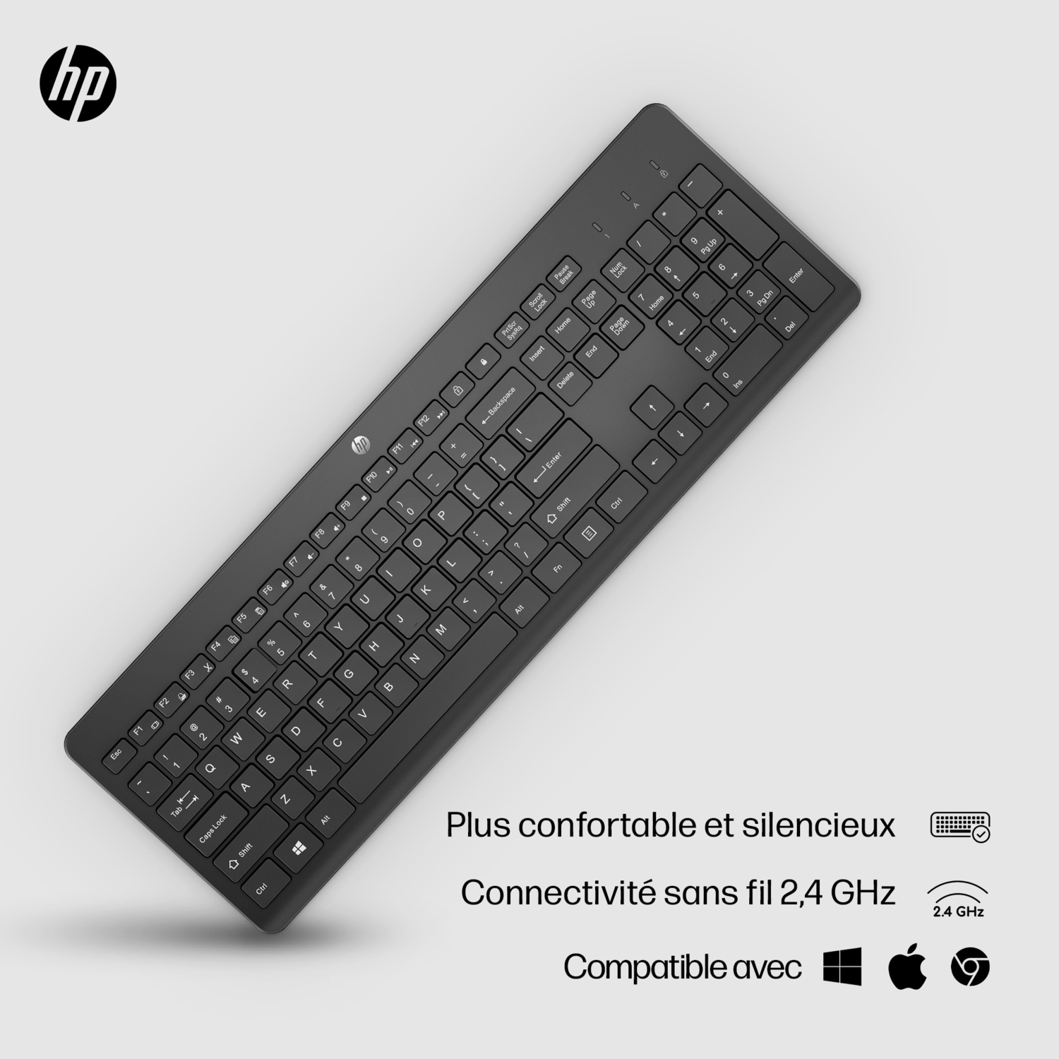 Clavier HP noir avec touches blanches sur fond blanc, avec texte en dessous.