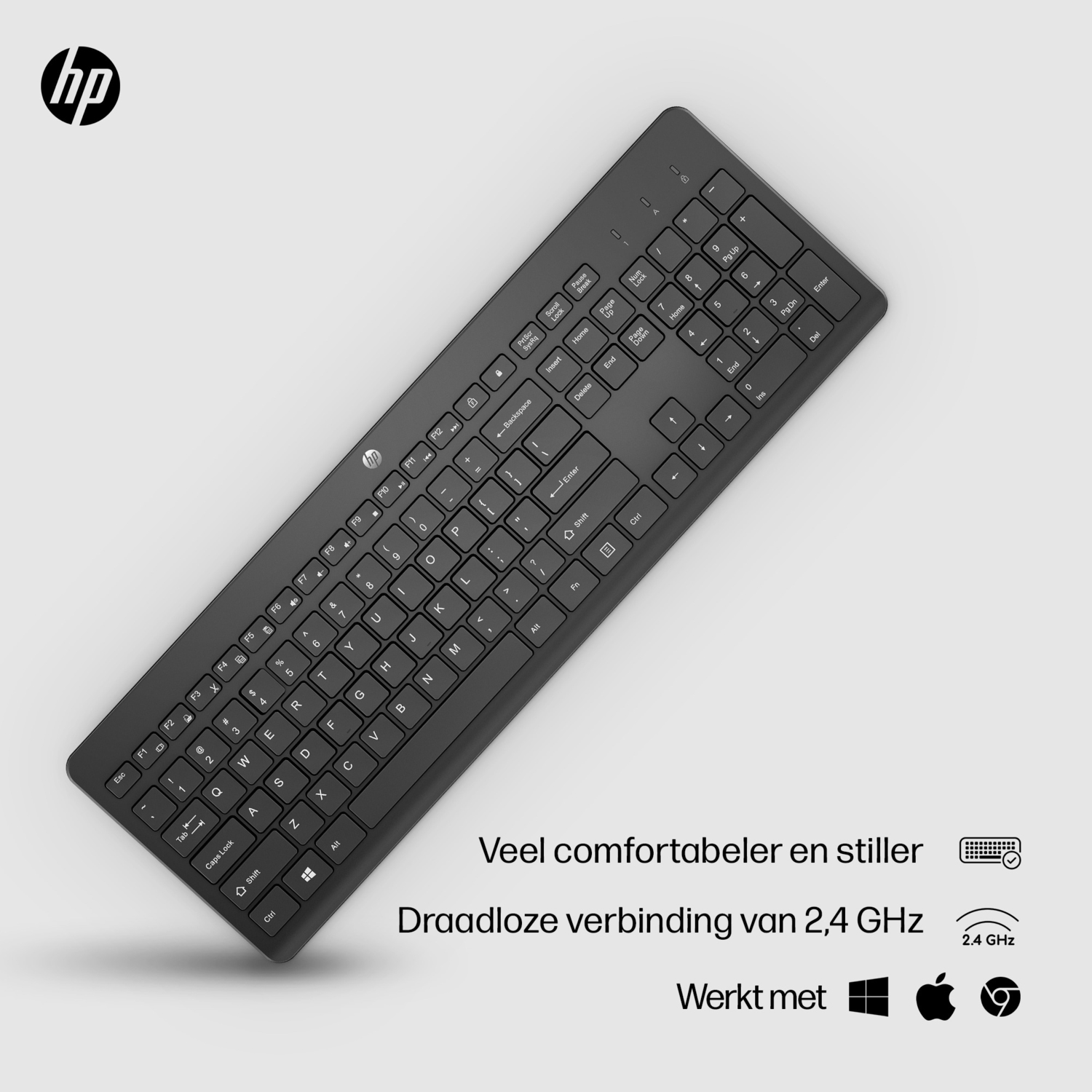 Black HP keyboard angled from above, showing keys and branding. Text in Dutch.
