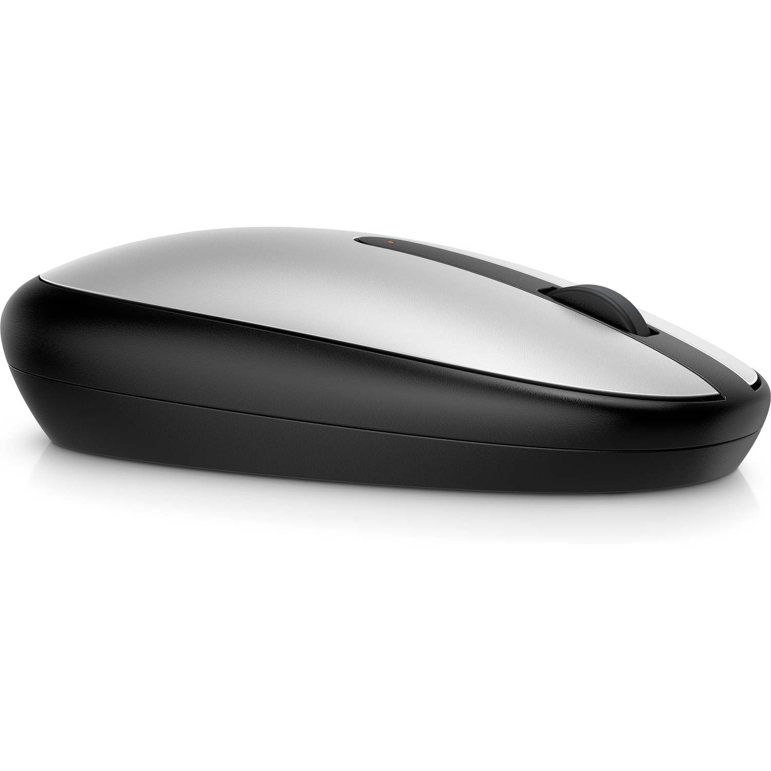 Silver and black computer mouse. The top is silver, and the base is black.