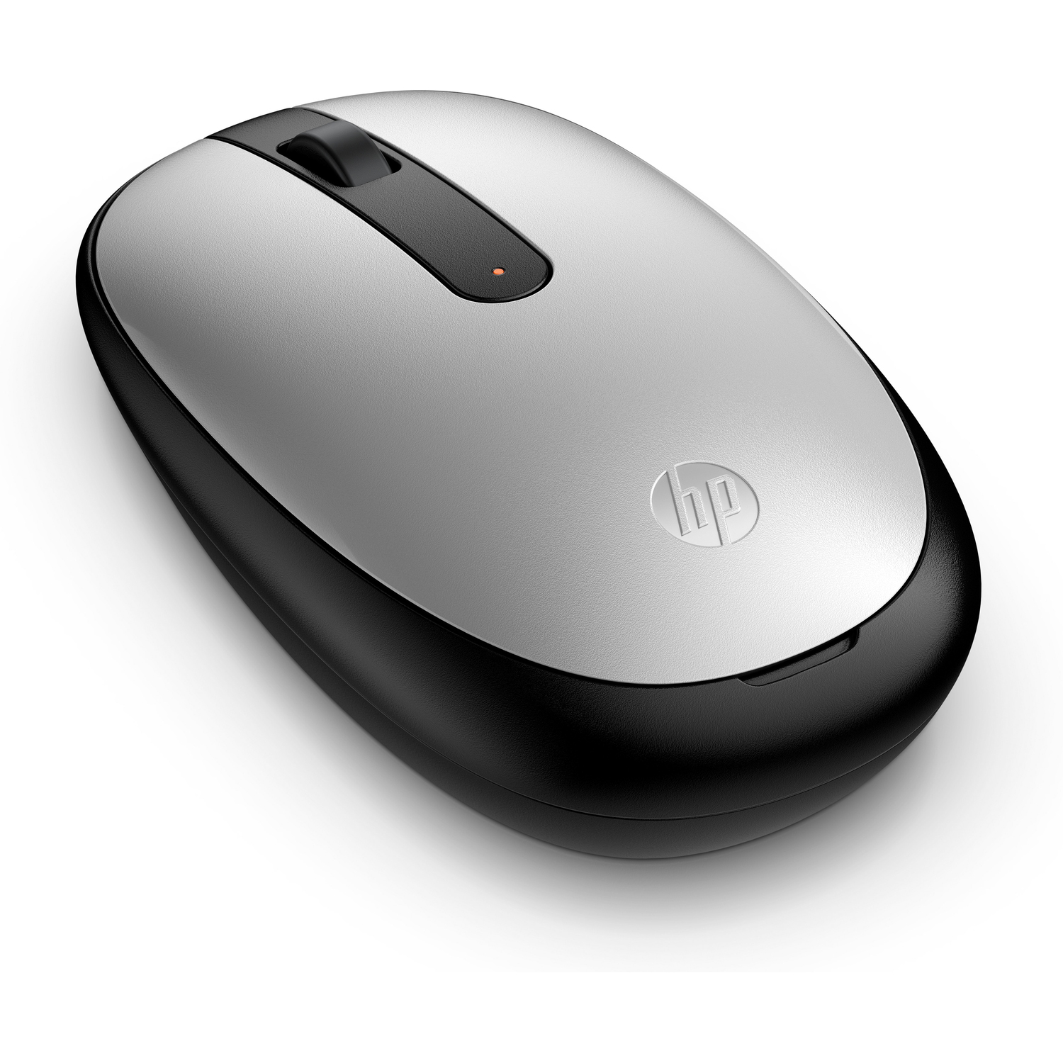 Silver and black HP mouse. A red light is on the top, with the HP logo.