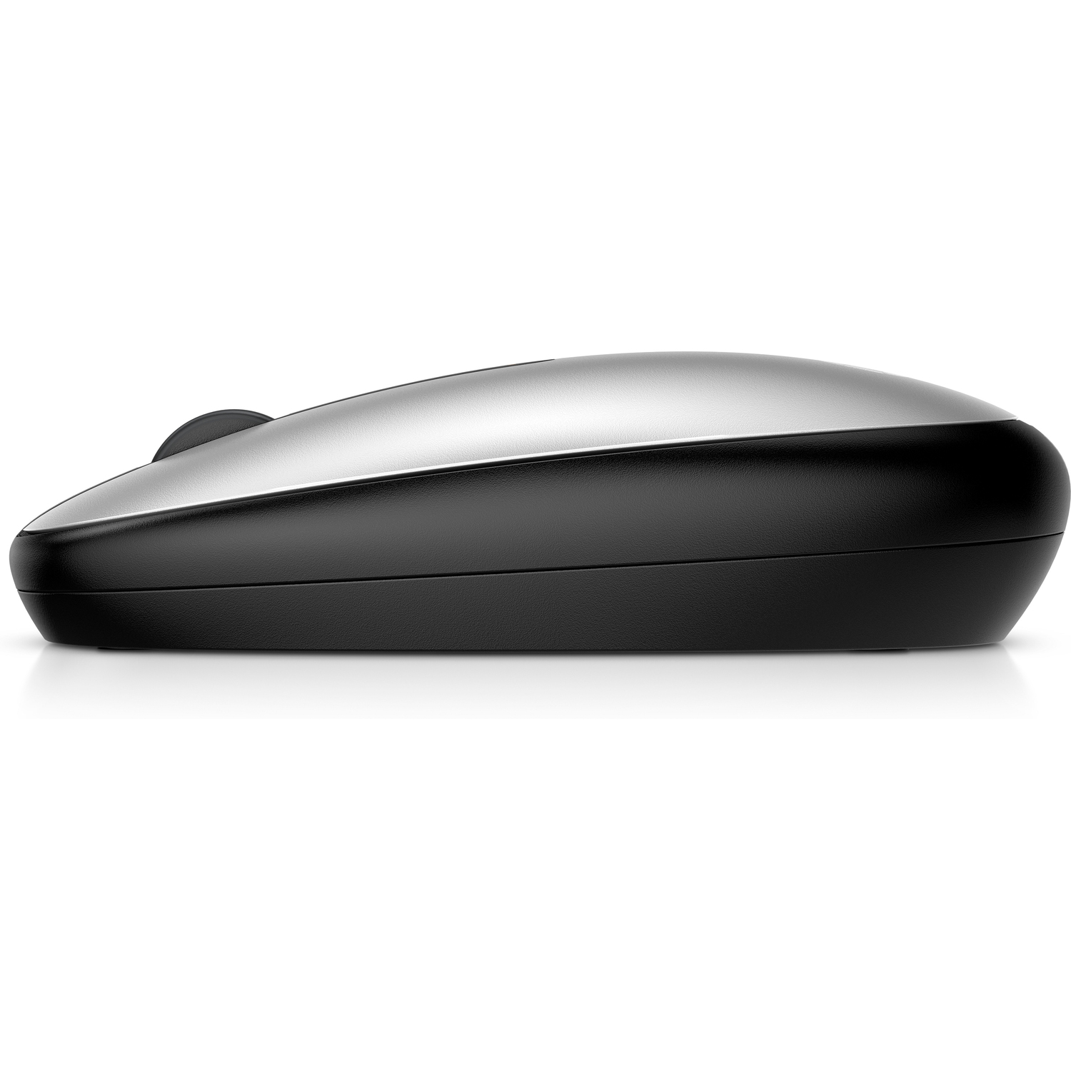 A black and silver computer mouse, viewed from the side.