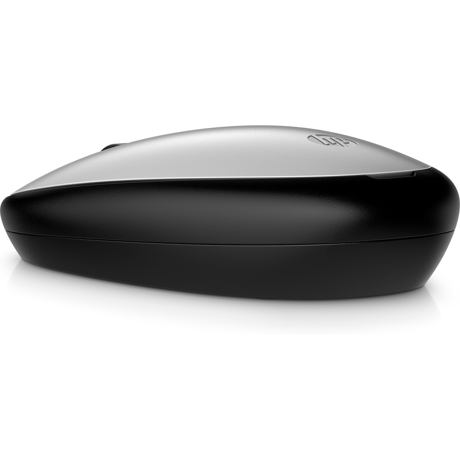 Close-up of a black and silver mouse. Shows the top with the HP logo, on a white background.