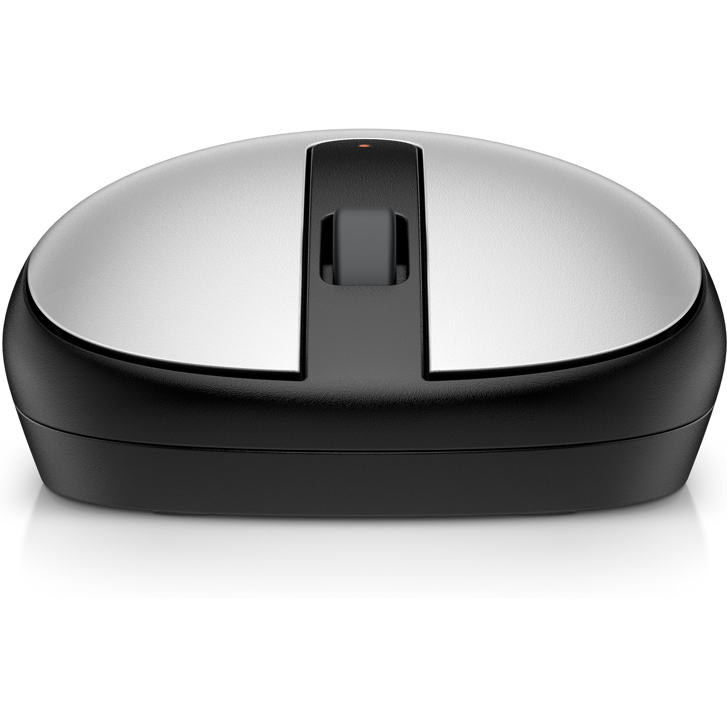 Silver and black computer mouse on a white surface.