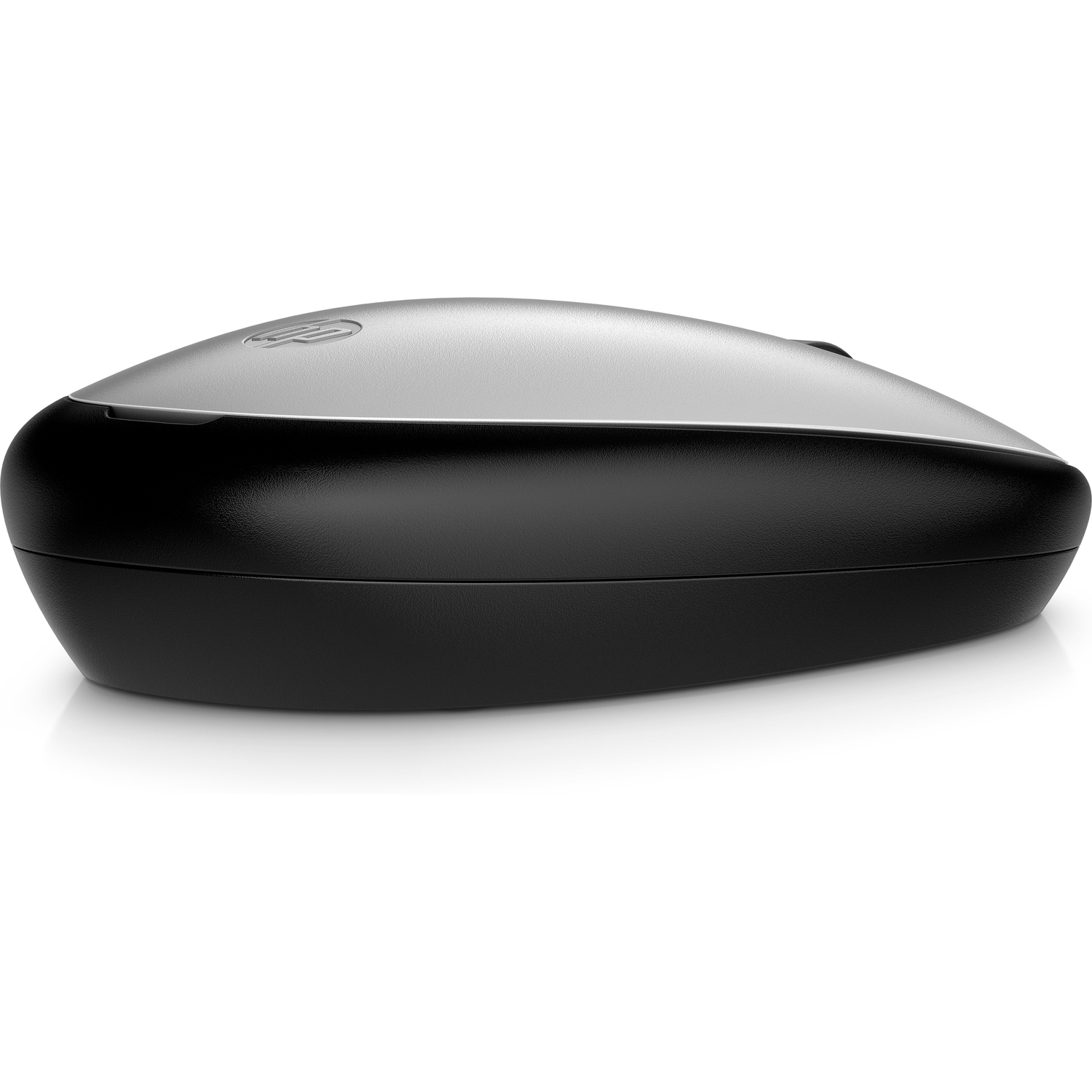 A black and silver computer mouse, viewed from the side, showing its curved shape and design.