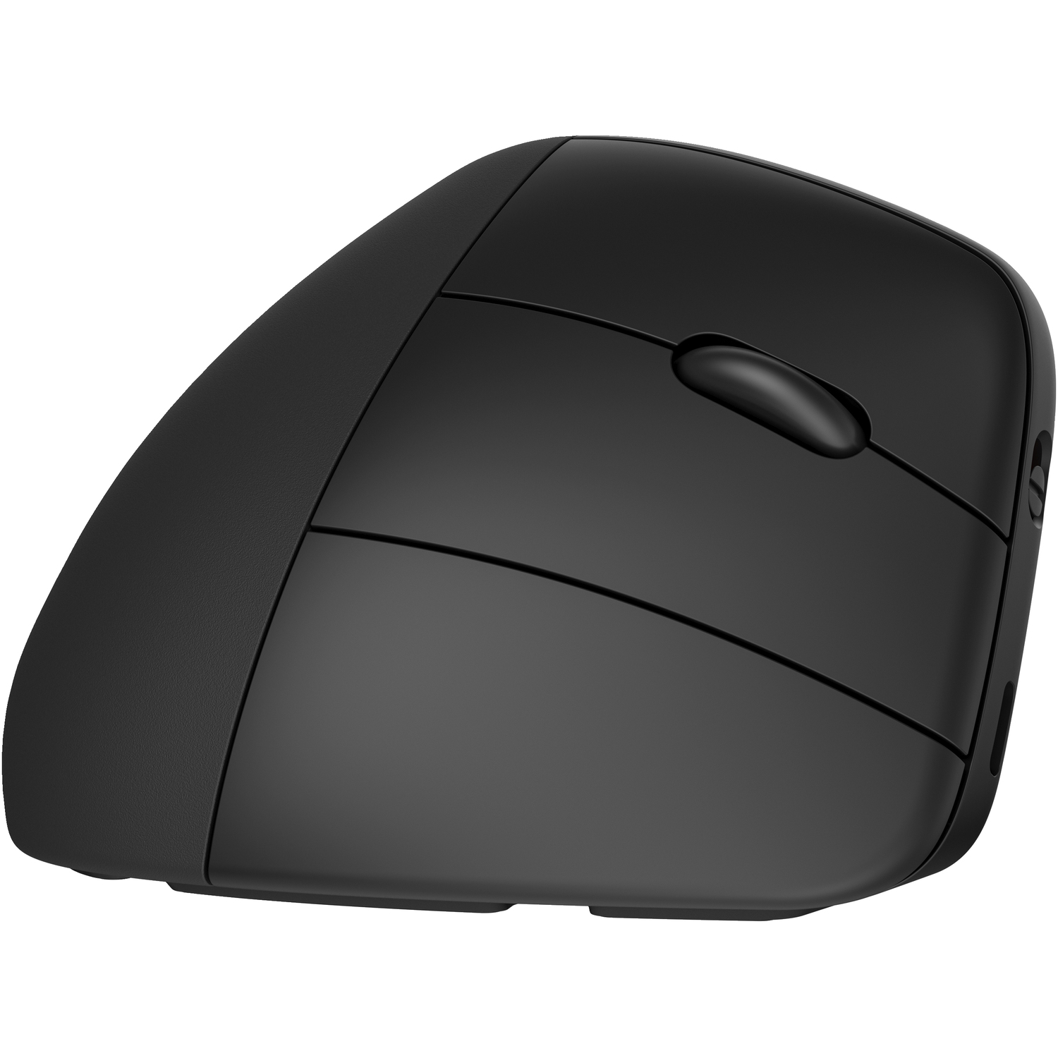 A black ergonomic mouse with a unique design, angled for comfort. White background.