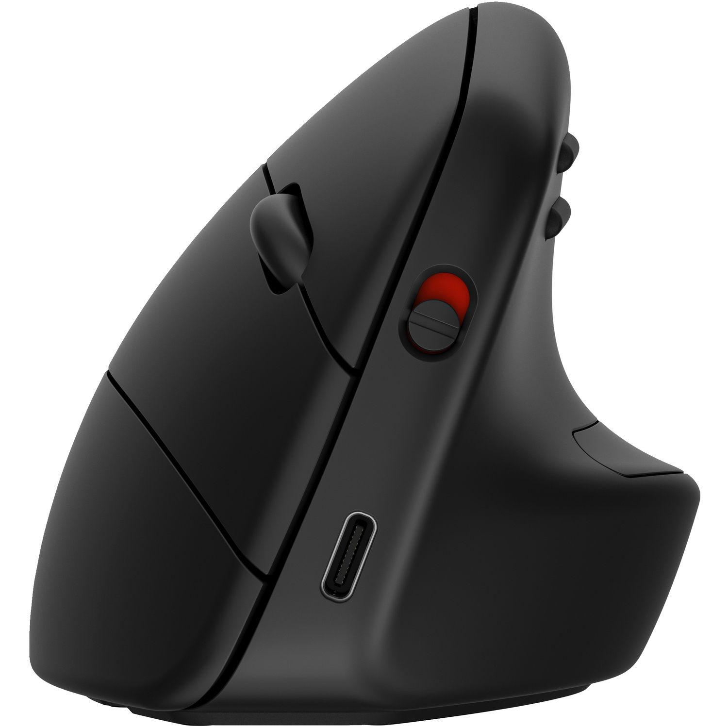 A black vertical ergonomic mouse with buttons and a USB-C port, angled towards the viewer.